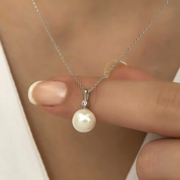 Gümüş Yuvarlak İnci Bayan Kolye - Resim 4