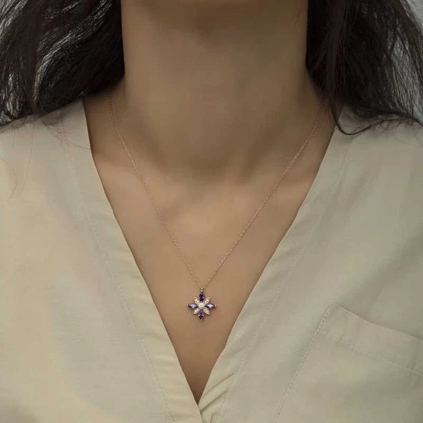 Gümüş Rose Mor Taşlı Umut Çiçeği Kolye - Resim 2