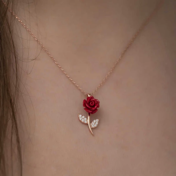 ​Gümüş Rose Kırmızı Gül Kolye - Resim 3