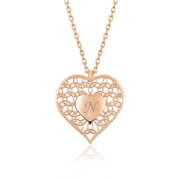 ​Gümüş Rose Kişiye Özel Kalbin İçinde Kalp Bayan Kolye ürün görseli
