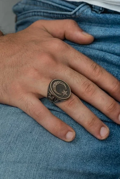 Gümüş Göktürkçe alfabesi Yazılı Ay Yıldız Erkek Yüzük - Resim 2