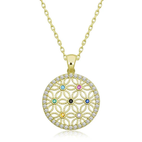 Gümüş Gold Renkli Taşlı Yaşam Çiçeği Kadın Kolye ürün görseli 1