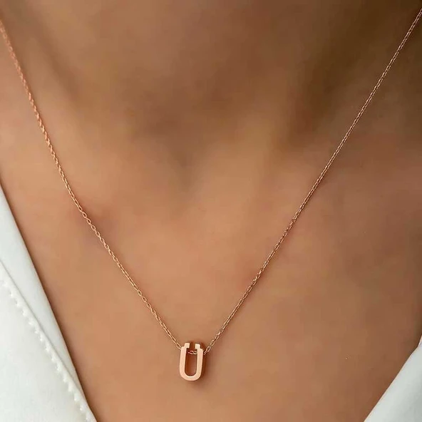 Gümüş Rose 3 Boyutlu Ü Harf Bayan Kolye - Resim 2