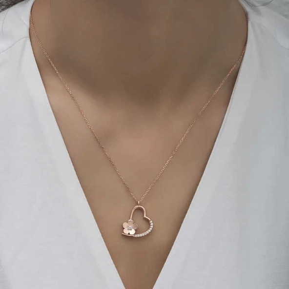 Gümüş Rose Çiçekli Kalp Kadın Kolye - Resim 2