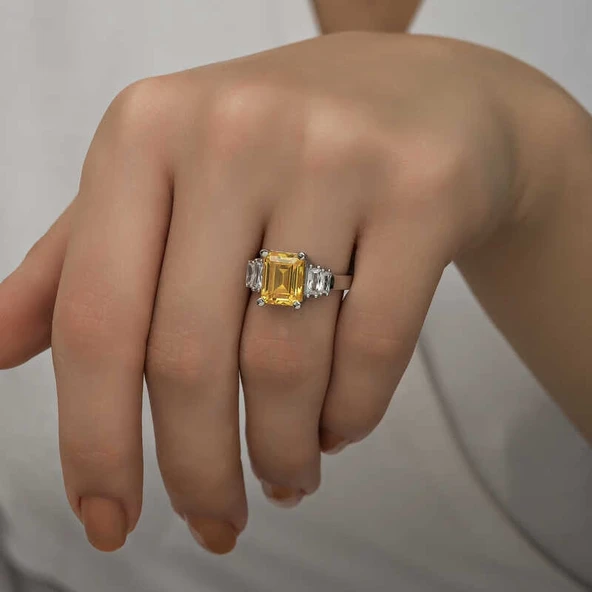 Gümüş Sarı Baget Taşlı Bayan Yüzük - Resim 2