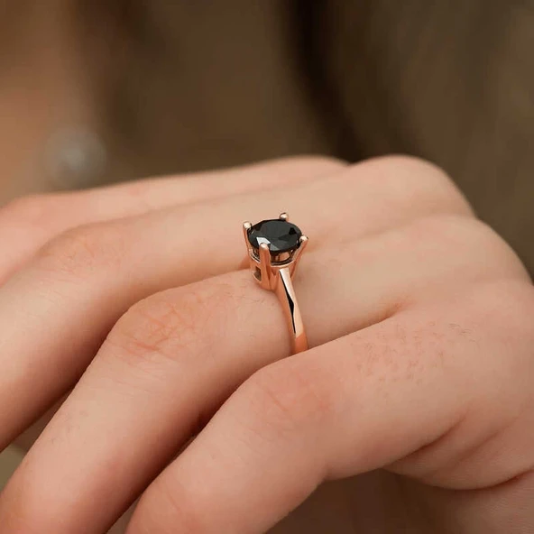 Gümüş Rose Siyah Tektaş Yüzük - Resim 3