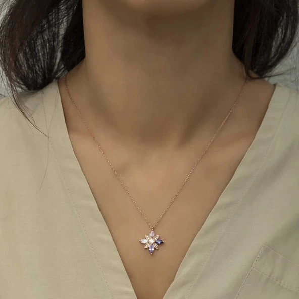 Gümüş Rose Mix Taşlı Umut Çiçeği Kolye - Resim 2