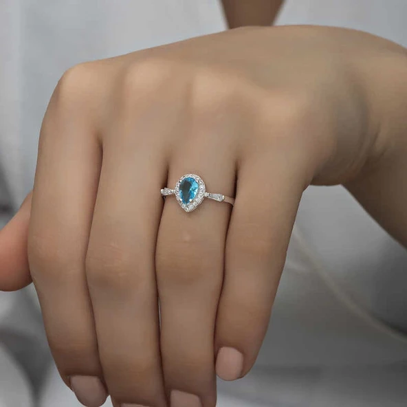 Gümüş Turkuaz Damla Taşlı Kadın Yüzük - Resim 2