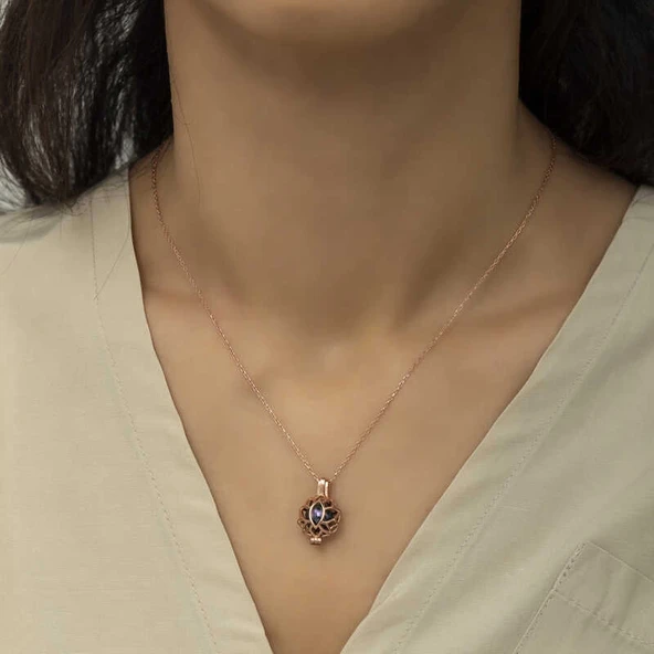 Gümüş Rose Kafesli Lotus Bayan Kolye - Resim 2