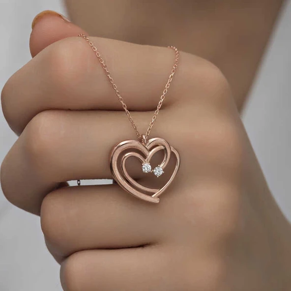 Gümüş Rose Birleşmiş Kalpler Kadın Kolye ürün görseli 1