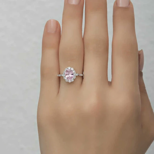 Gümüş Pembe Oval Taşlı Kadın Yüzük - Resim 5