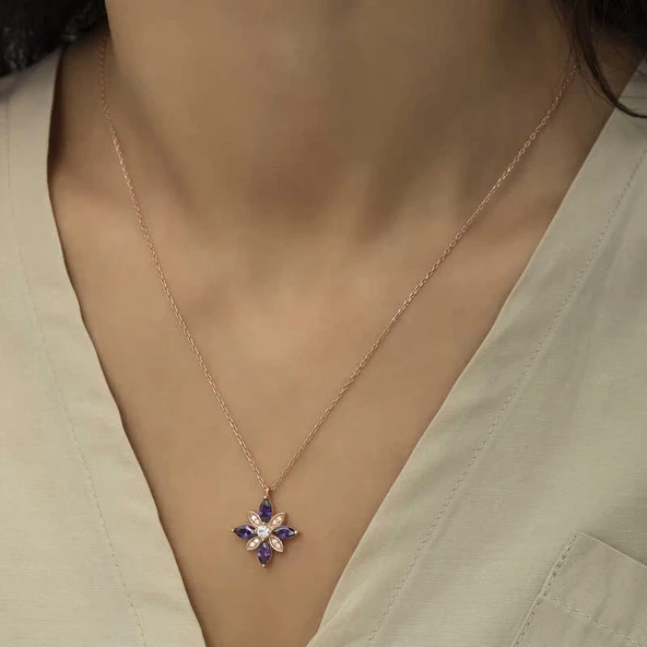 Gümüş Rose Mor Taşlı Umut Çiçeği Kolye - Resim 4