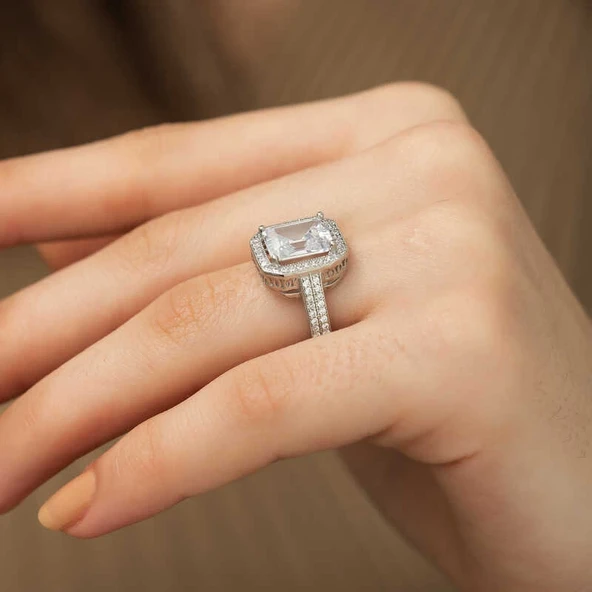 ​Gümüş Beyaz Baget Bayan Yüzük - Resim 5