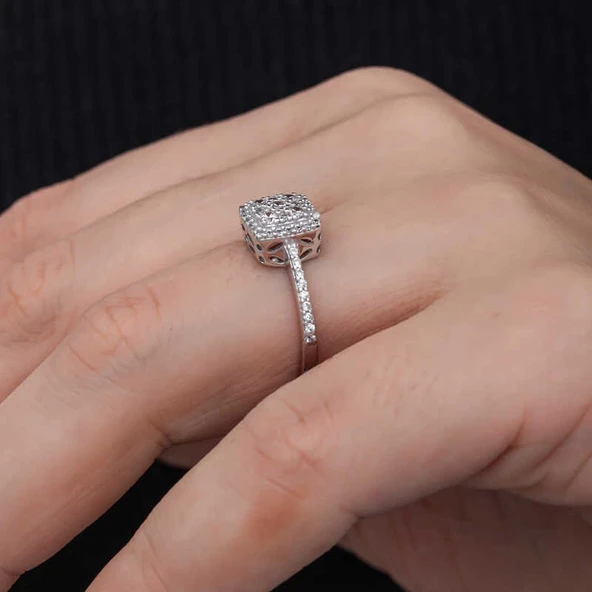 Gümüş Kare Zirkon Taşlı Kadın Yüzük - Resim 5