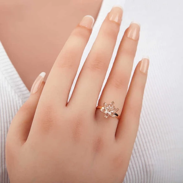 Gümüş Rose Beyaz Taşlı Lotus Çiçeği Kadın Yüzük - Resim 2