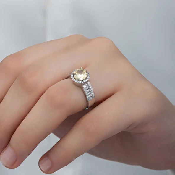 Gümüş Sarı Tek Taş Kadın Yüzük - Resim 3