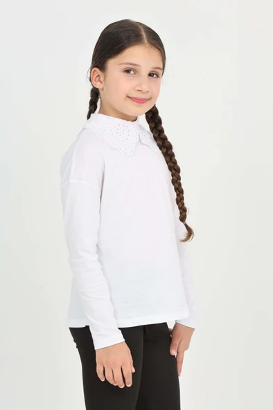 Toontoy Kız Çocuk Okul Dantel Yaka Tişört - 3