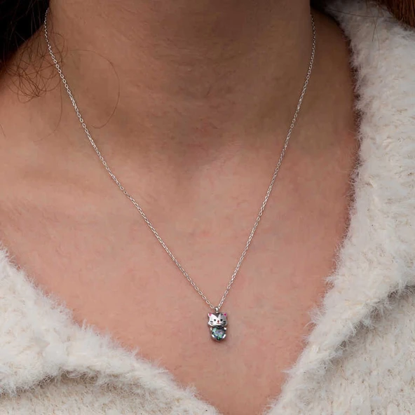 Gümüş Mistik Topaz Taşlı Sevimli Kedi Kolye - Resim 4