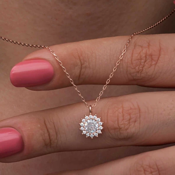 Gümüş Rose Minimal Yuvarlak Anturaj Kadın Kolye - Resim 2