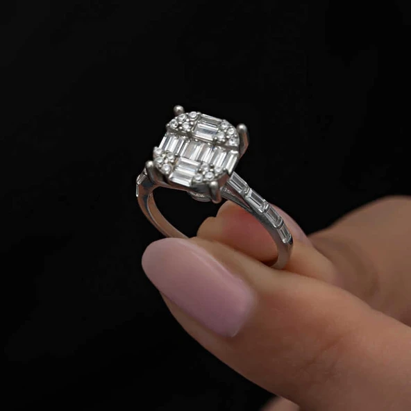 Gümüş Baget Taşlı Kadın Yüzük - Resim 2