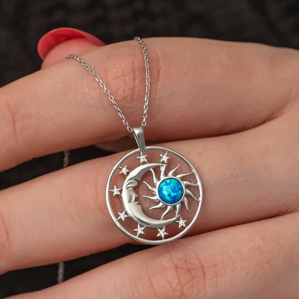 Gümüş Opal Mavi Taşlı Ay Güneş Kadın Kolye ürün görseli