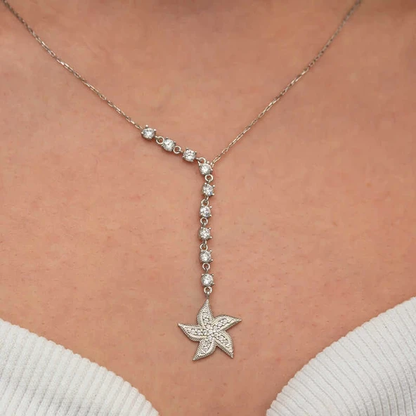 Gümüş Sıralı Zirkon Taşlı Deniz Yıldızı Kadın Kolye - Resim 2