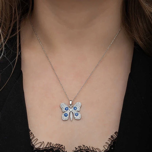 Gümüş Nazarlı Kelebek Kadın Kolye - Resim 3