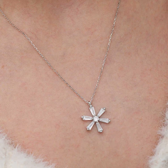 Gümüş Baget Taşlı Çiçek Kadın Kolye - Resim 5