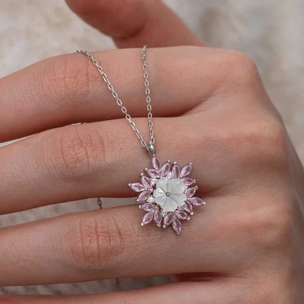 Gümüş Pembe Lotus Desenli Çiçek Kadın Kolye - 7