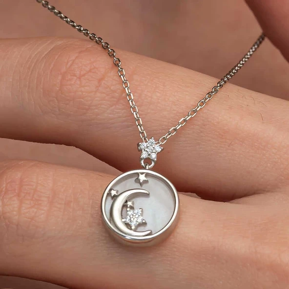 Gümüş Sedef Taşlı Ay Yıldız Hilal Kadın Kolye - Resim 3