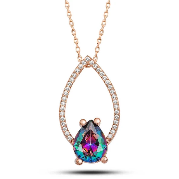 Gümüş Rose Mistik Topaz Taşlı Damla Kadın Kolye ürün görseli