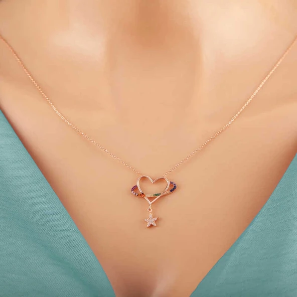Gümüş Rose Kalp Yıldız Kadın Kolye - Resim 2
