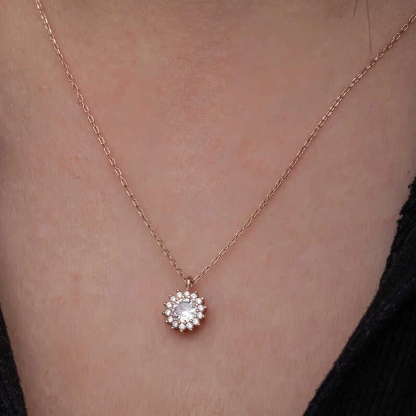 Gümüş Rose Minimal Yuvarlak Anturaj Kadın Kolye - Resim 4