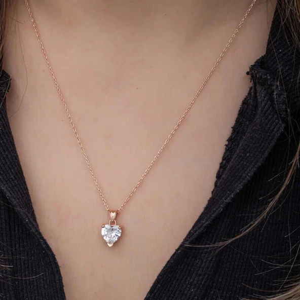 Gümüş Rose Beyaz Taşlı Kalpli Kadın Kolye - Resim 3