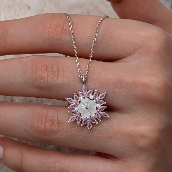 Gümüş Pembe Lotus Desenli Çiçek Kadın Kolye - 1