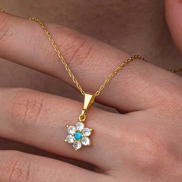 Gümüş Mavi Taşlı Gold Çiçek Kadın Kolye ürün görseli