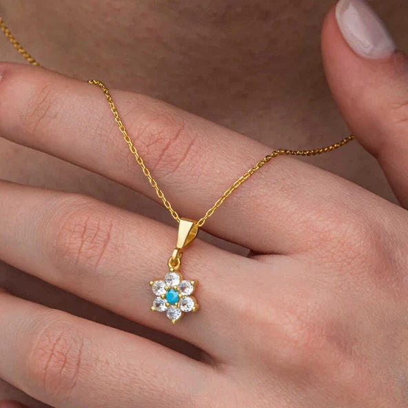 Gümüş Mavi Taşlı Gold Çiçek Kadın Kolye - Resim 3