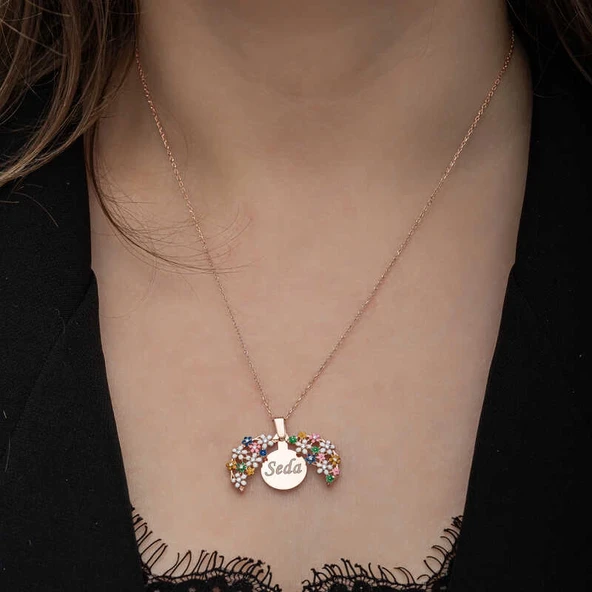 Gümüş Rose Renkli Çiçek Kişiye Özel Kadın Kolye - Resim 4