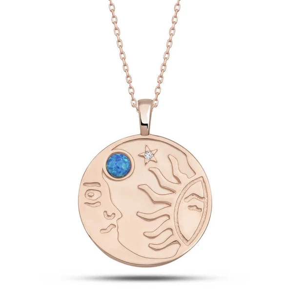 Gümüş Rose Opal Mavi Taşlı Ay Güneş Kadın Kolye ürün görseli 1