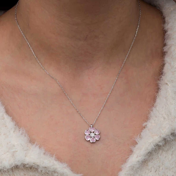 Gümüş Pembe Kalpli Çiçek Kadın Kolye - Resim 5