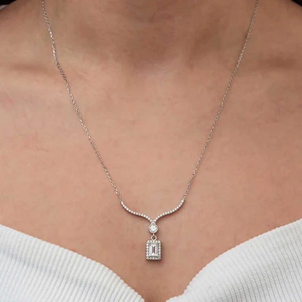 Gümüş Baget Taşlı Gerdanlık Model Kadın Kolye - Resim 3
