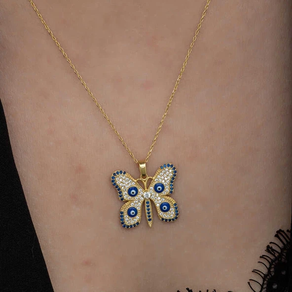 Gümüş Gold Nazarlı Kelebek Kadın Kolye - Resim 5