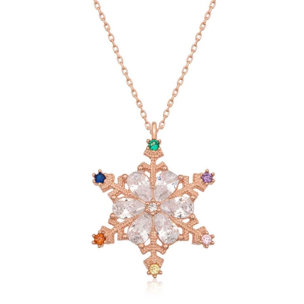 Gümüş Rose Renkli Taşlı Kar Tanesi Kadın Kolye ürün görseli