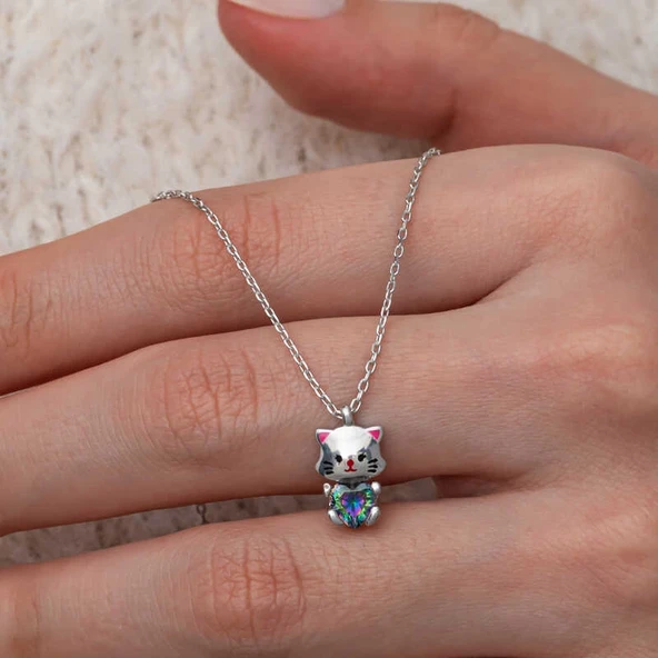 Gümüş Mistik Topaz Taşlı Sevimli Kedi Kolye - Resim 5