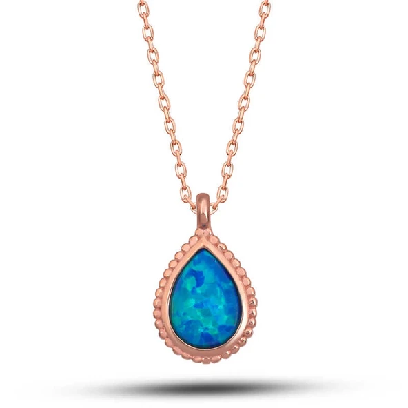 Gümüş Rose Damla Mavi Opal Taşlı Kadın Kolye ürün görseli