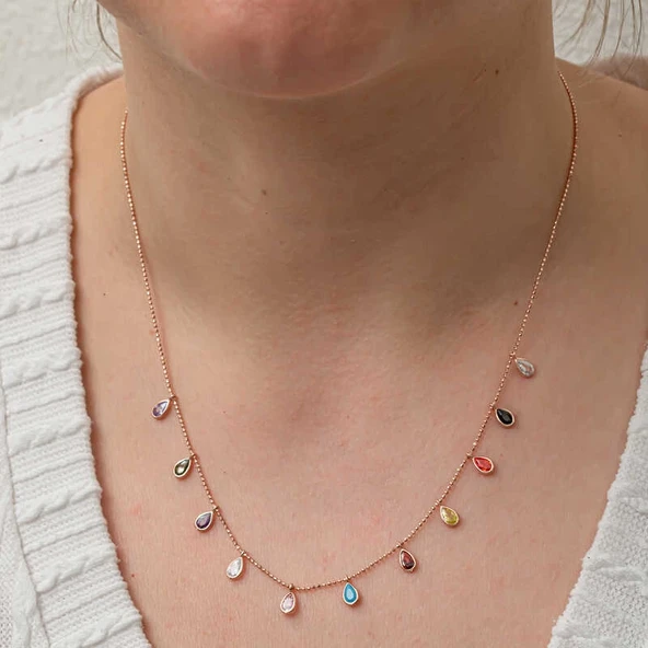 Gümüş Renkli Damla Taşlı Şans Kadın Kolye - Resim 4