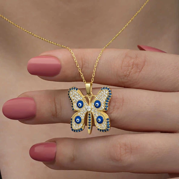 Gümüş Gold Nazarlı Kelebek Kadın Kolye - Resim 2