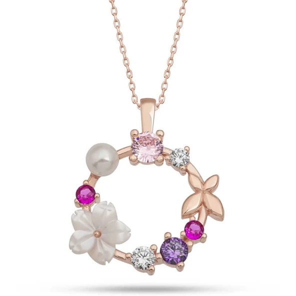 Gümüş Rose Manolya Çiçeği Kelebek Kadın Kolye ürün görseli