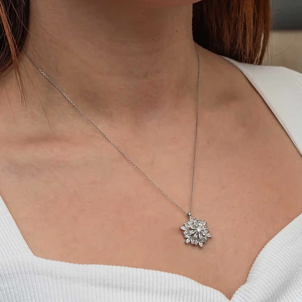 Gümüş Dönen Kar Tanesi Lotus Çiçeği Kolye - Resim 5