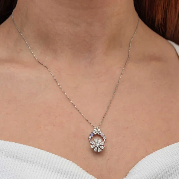 Gümüş Beyaz Dönen Çiçek Kadın Kolye - Resim 3